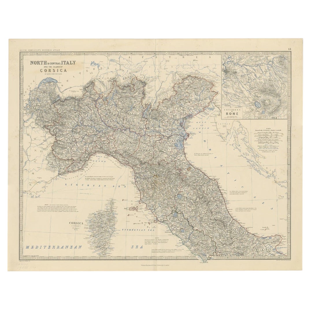 Antique Map of North and Central Italy and the Island of Corsica, c.1860 For Sale