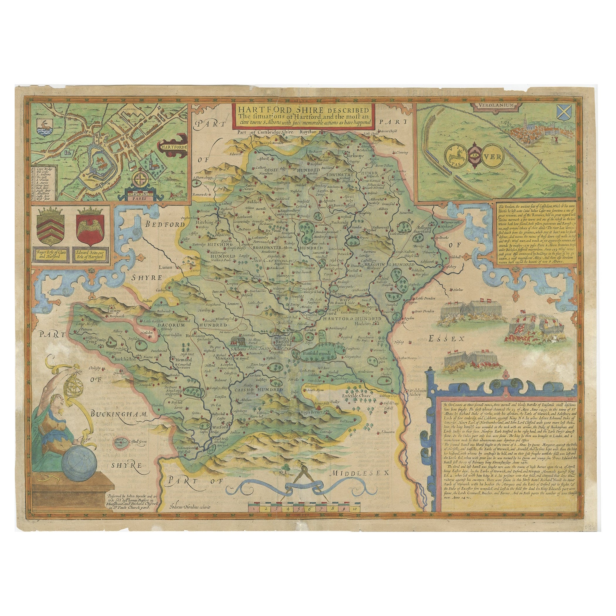 Carte ancienne du Hertfordshire en Angleterre par Speed, 1627 en vente