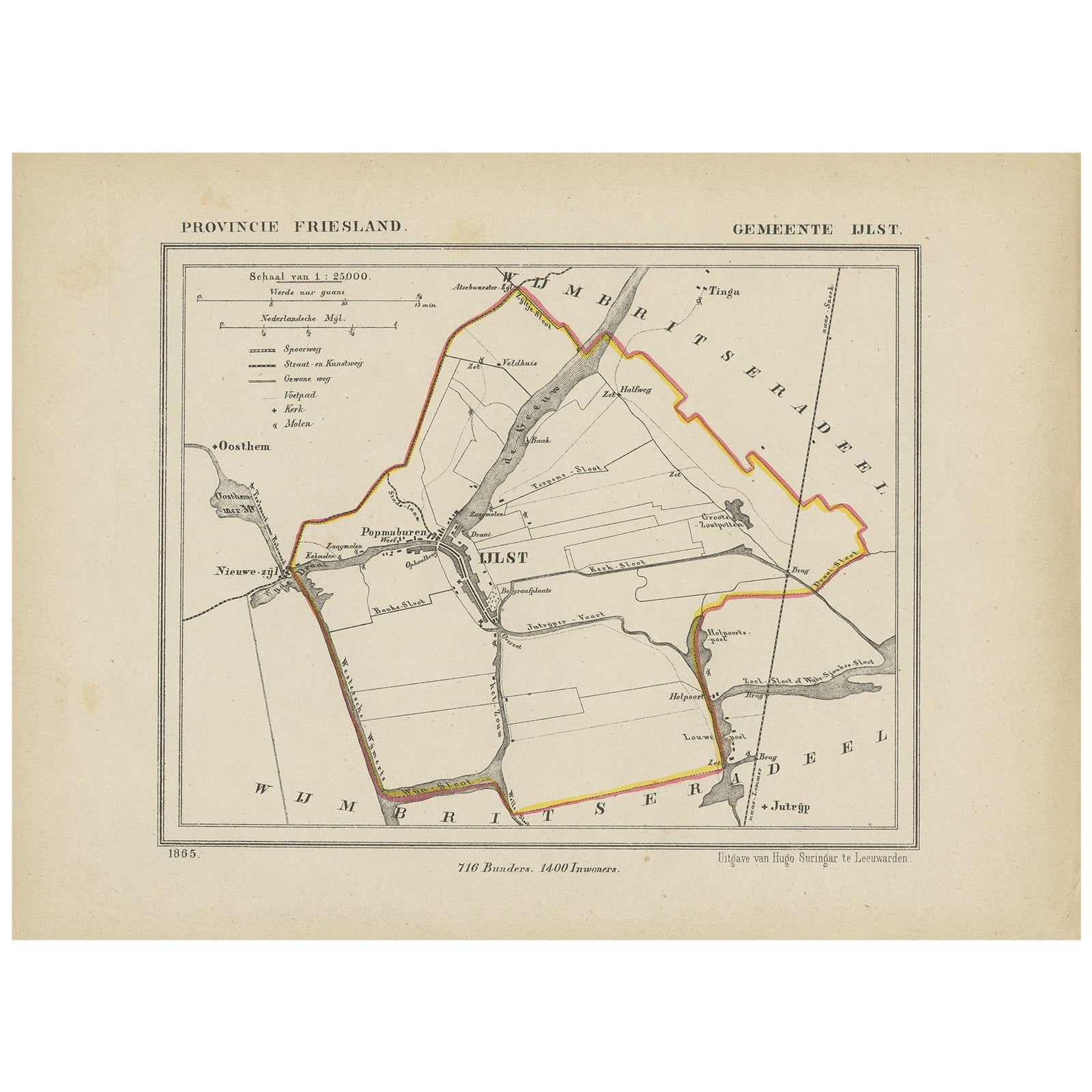 Carte ancienne de IJlst, petite ville pittoresque du Friesland, Pays-Bas, 1868