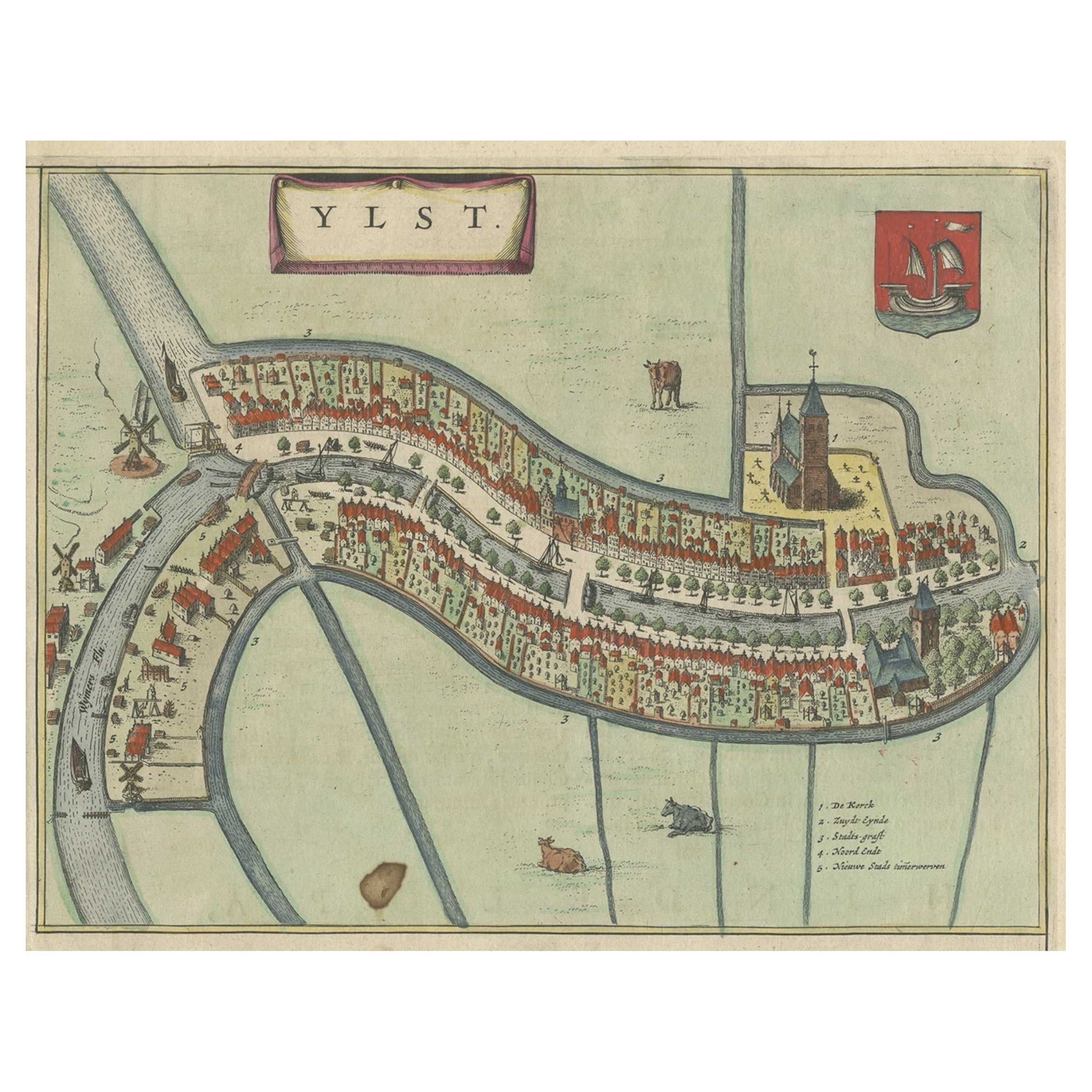 Carte ancienne colorée à la main de la ville flamande de IJlst, aux Pays-Bas, 1649