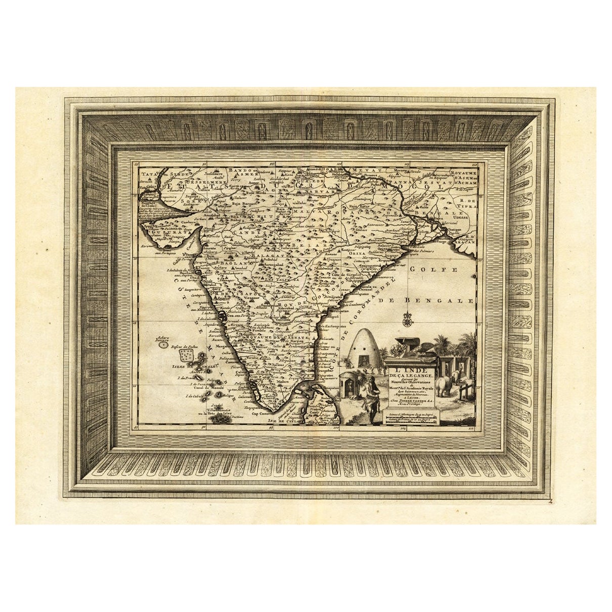 Rare carte ancienne gravée d'Inde avec des éléphants dans le cartouche, vers 1725