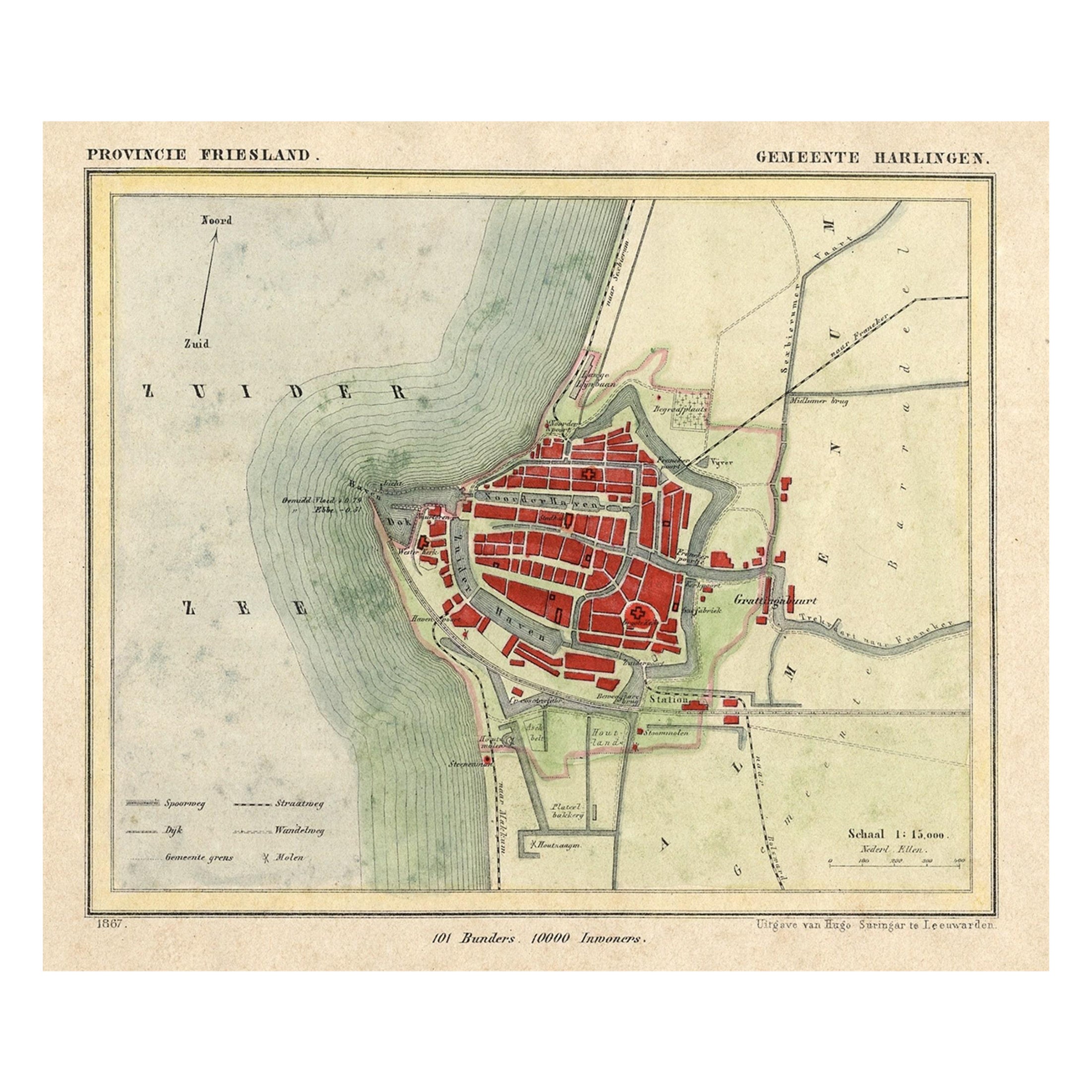 Carte ancienne de Harlingen, une ville portuaire dans le Friesland, aux Pays-Bas, 1868