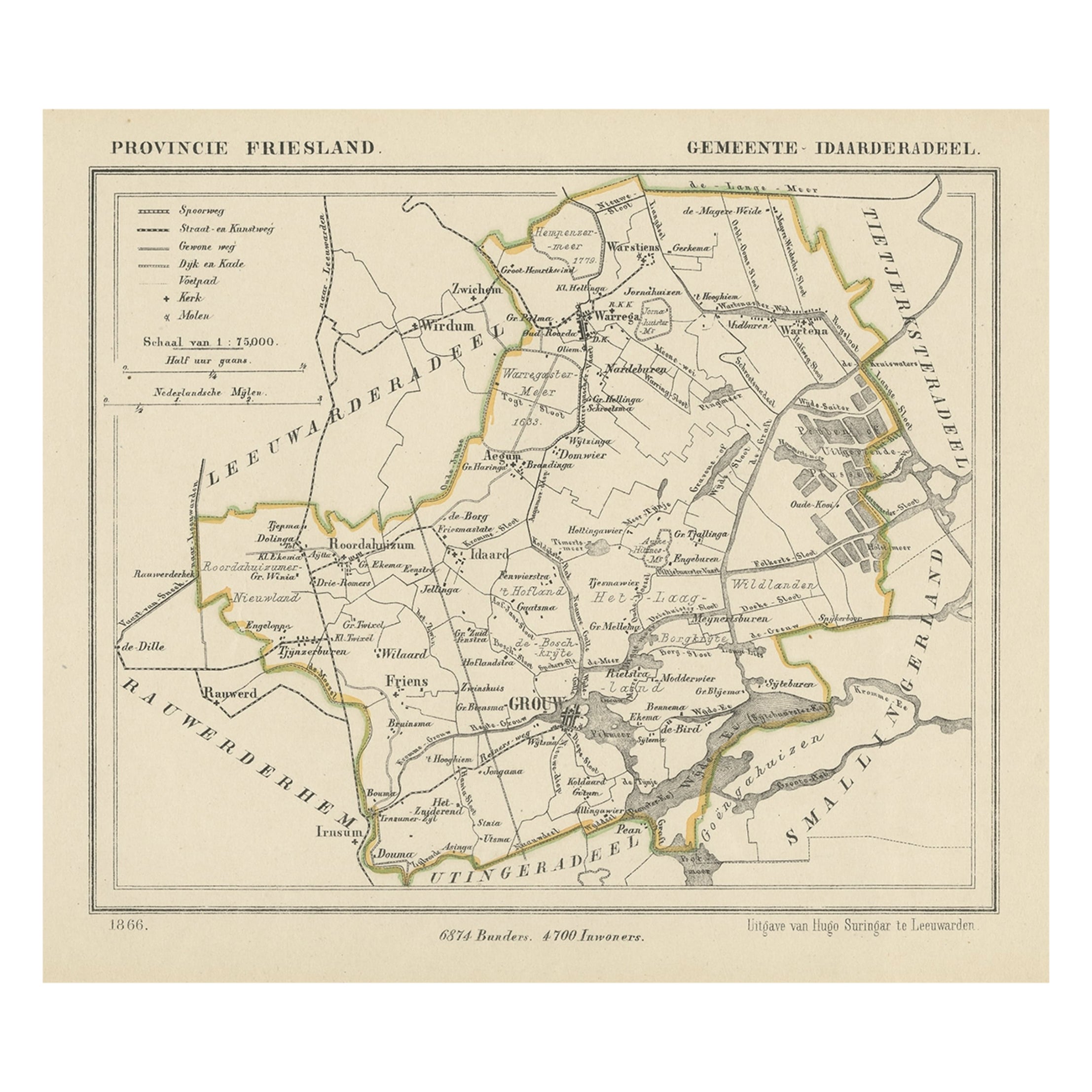 Antique Map of Idaarderadeel, Township in Friesland, The Netherlands, 1868