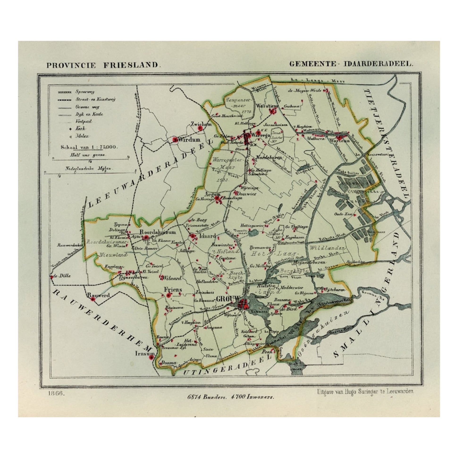 Antique Map of Idaarderadeel, Township In Frieslands, The Netherlands, 1868 For Sale