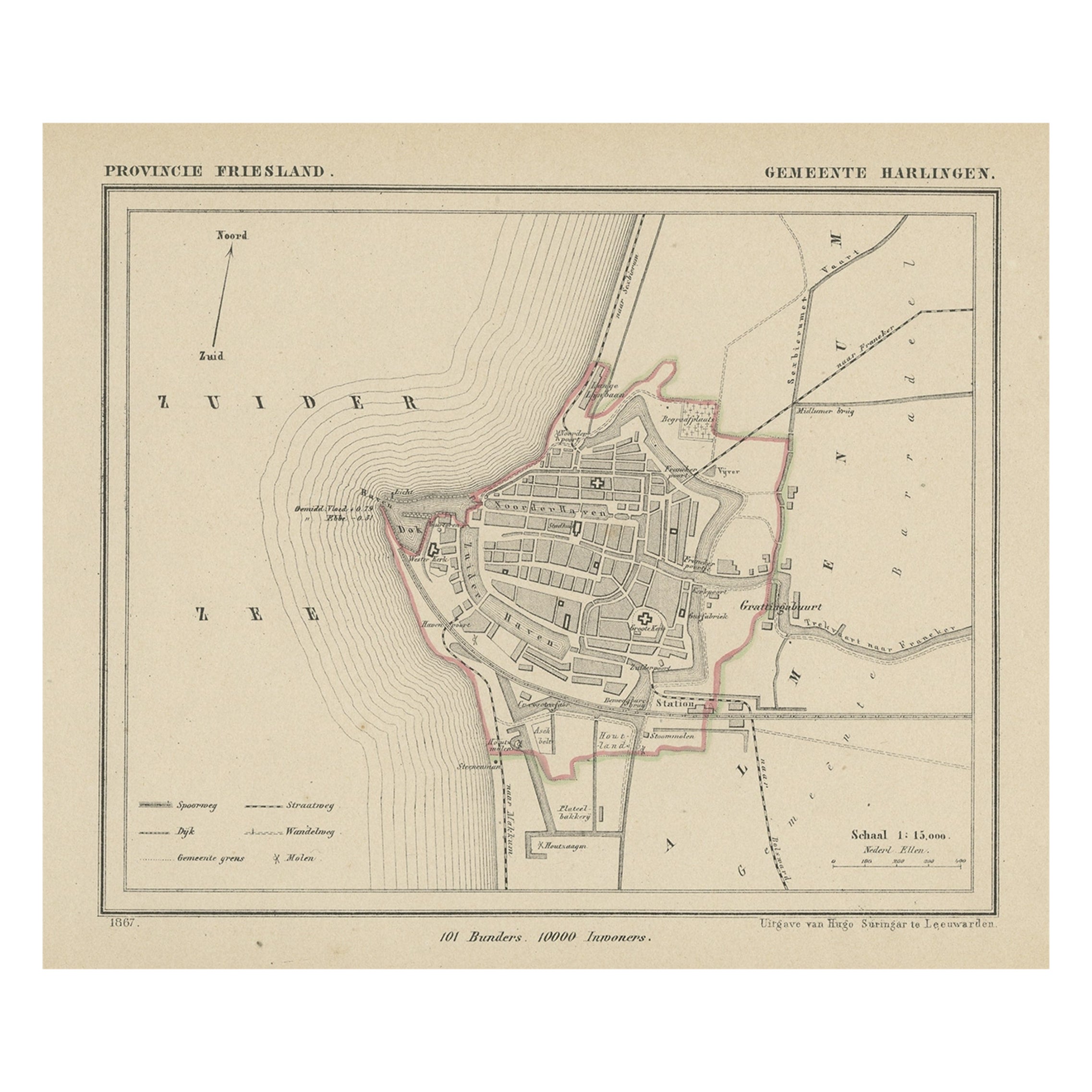 Carte ancienne de Harlingen, port dans le Friesland, Pays-Bas, 1868 en vente
