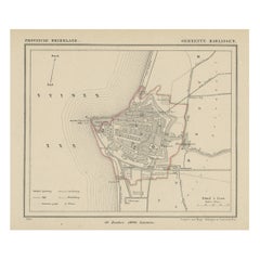 Carte ancienne de Harlingen, port dans le Friesland, Pays-Bas, 1868