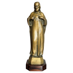 Art Deco Signed Bronze Sculpture of Christ w. Geometrical Coromandel Wooden Base