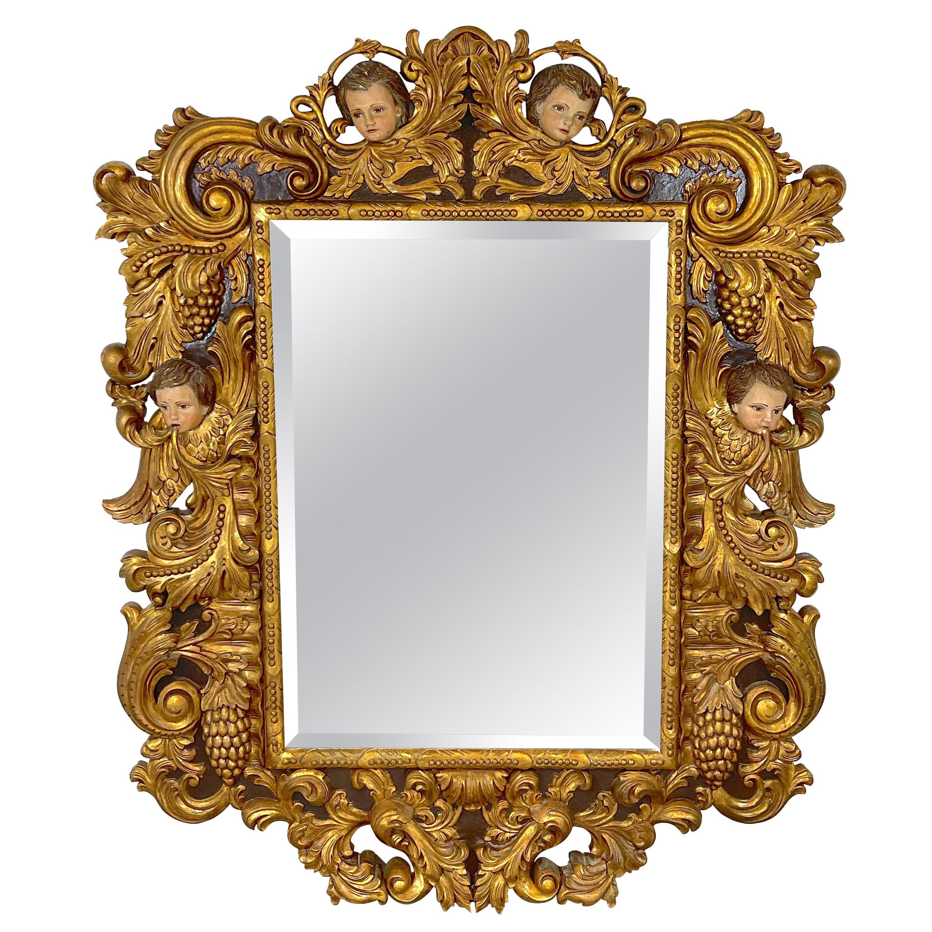 Palatial Italian Carved Figural Giltwood & Polychromed Baroque Style Mirror For Sale