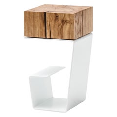 Modern Side Table by Tomasz Danielec, White Painted Steel, Vintage Treated Oak