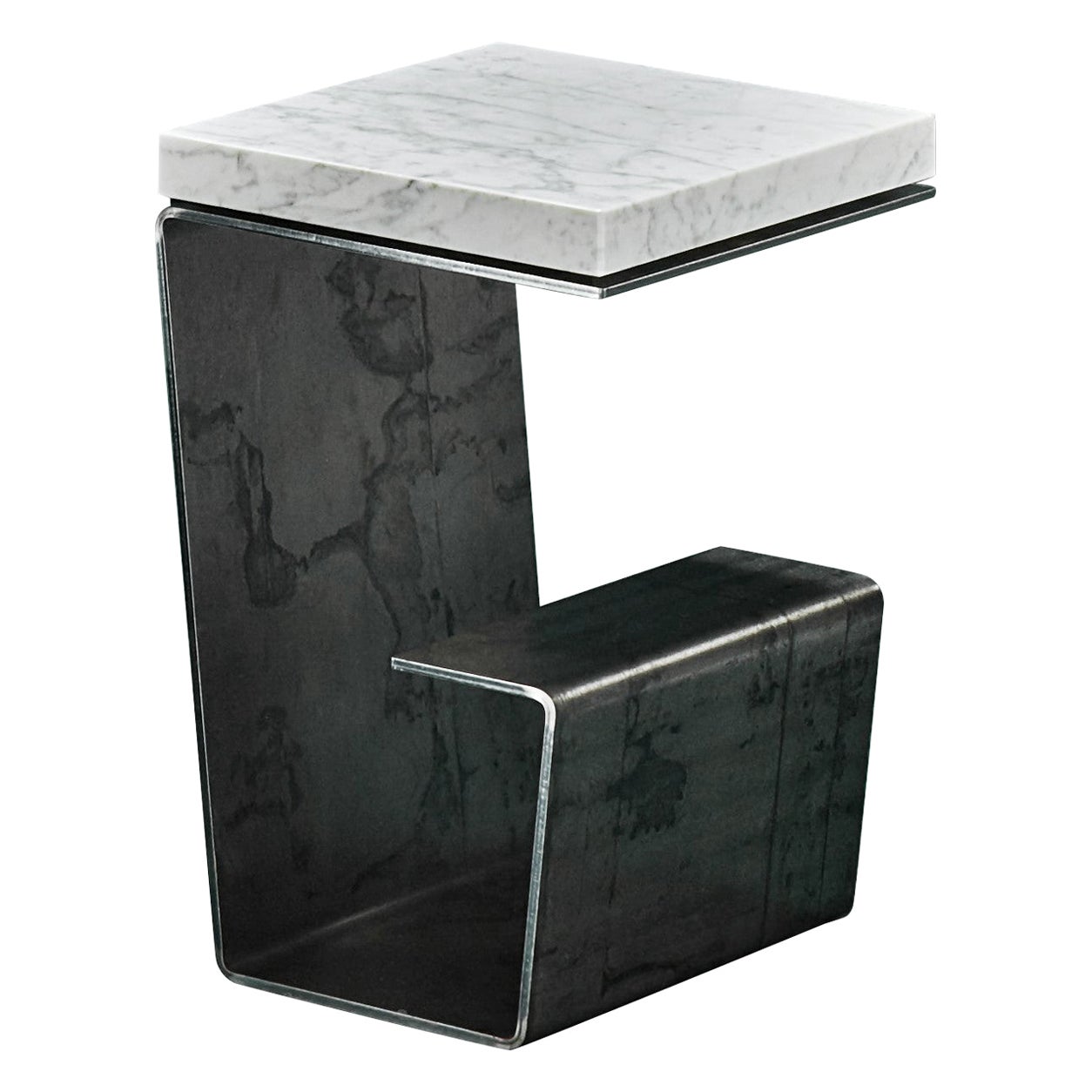 Minimalist Side Table by Tomasz Danielec, Raw Steel, Bianco Carrara Marble For Sale
