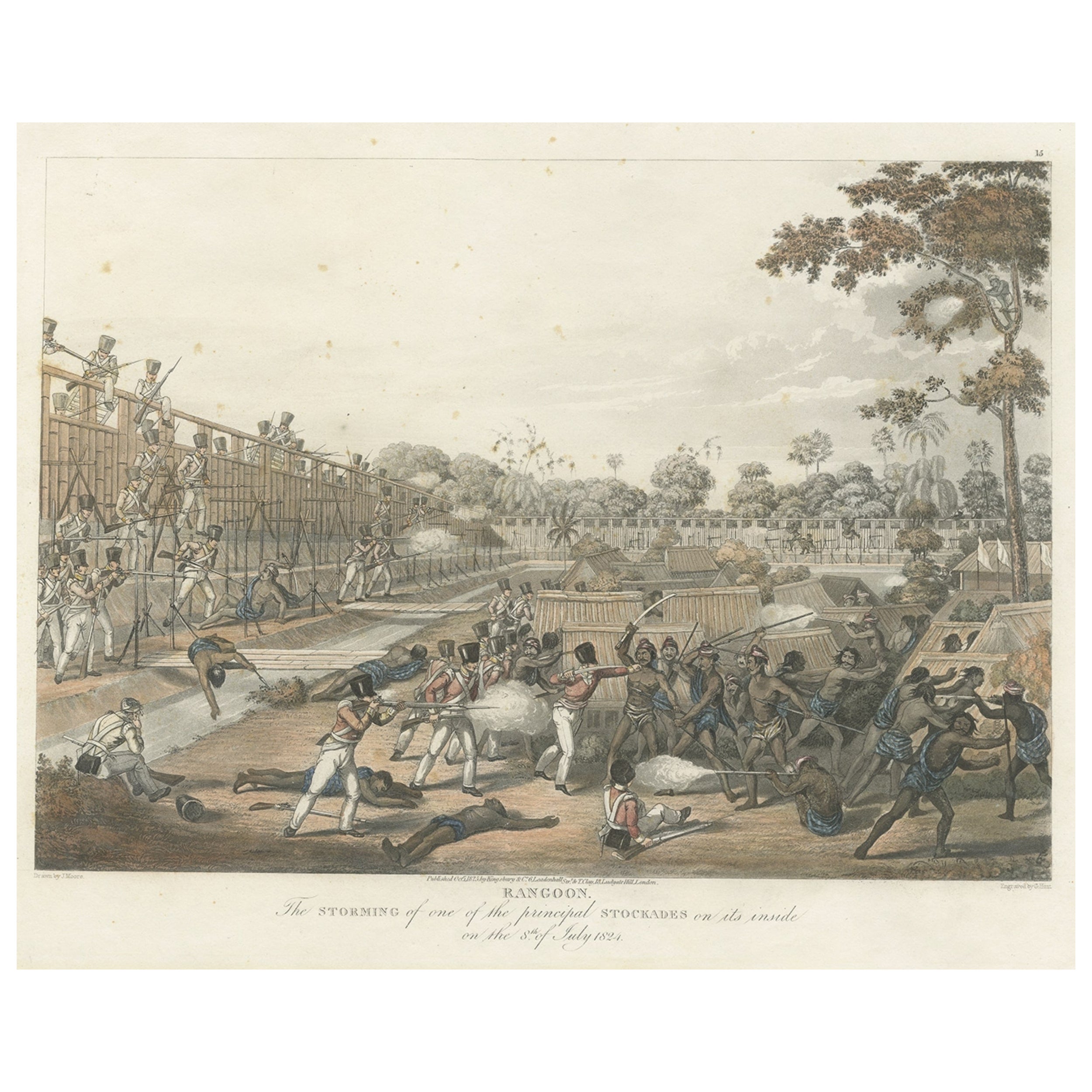 Antique Print of a War Scene in Rangoon Between the Burmese and British, 1825