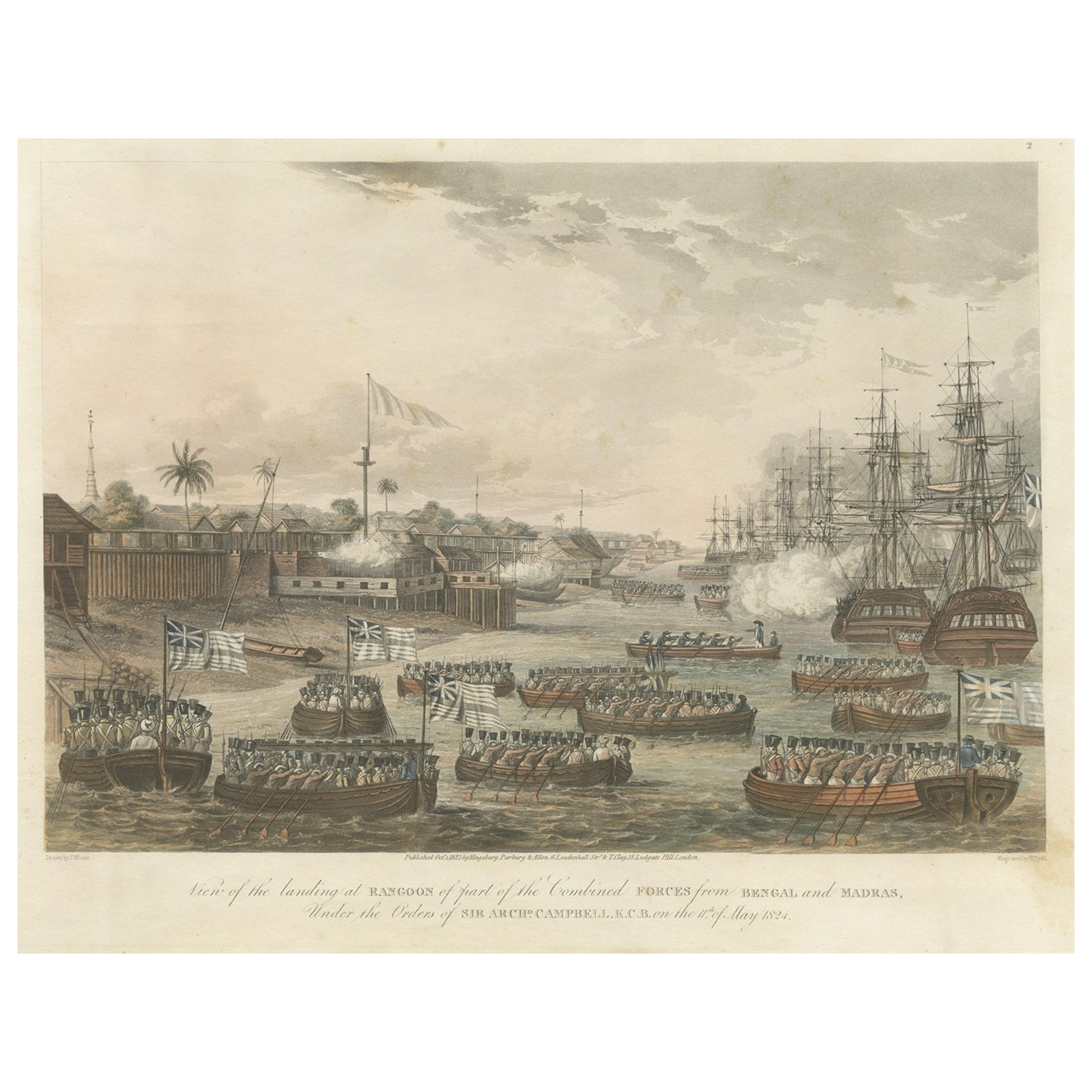 Antique Print of the Landing at Rangoon of Forces from Bengal and Madras, 1825