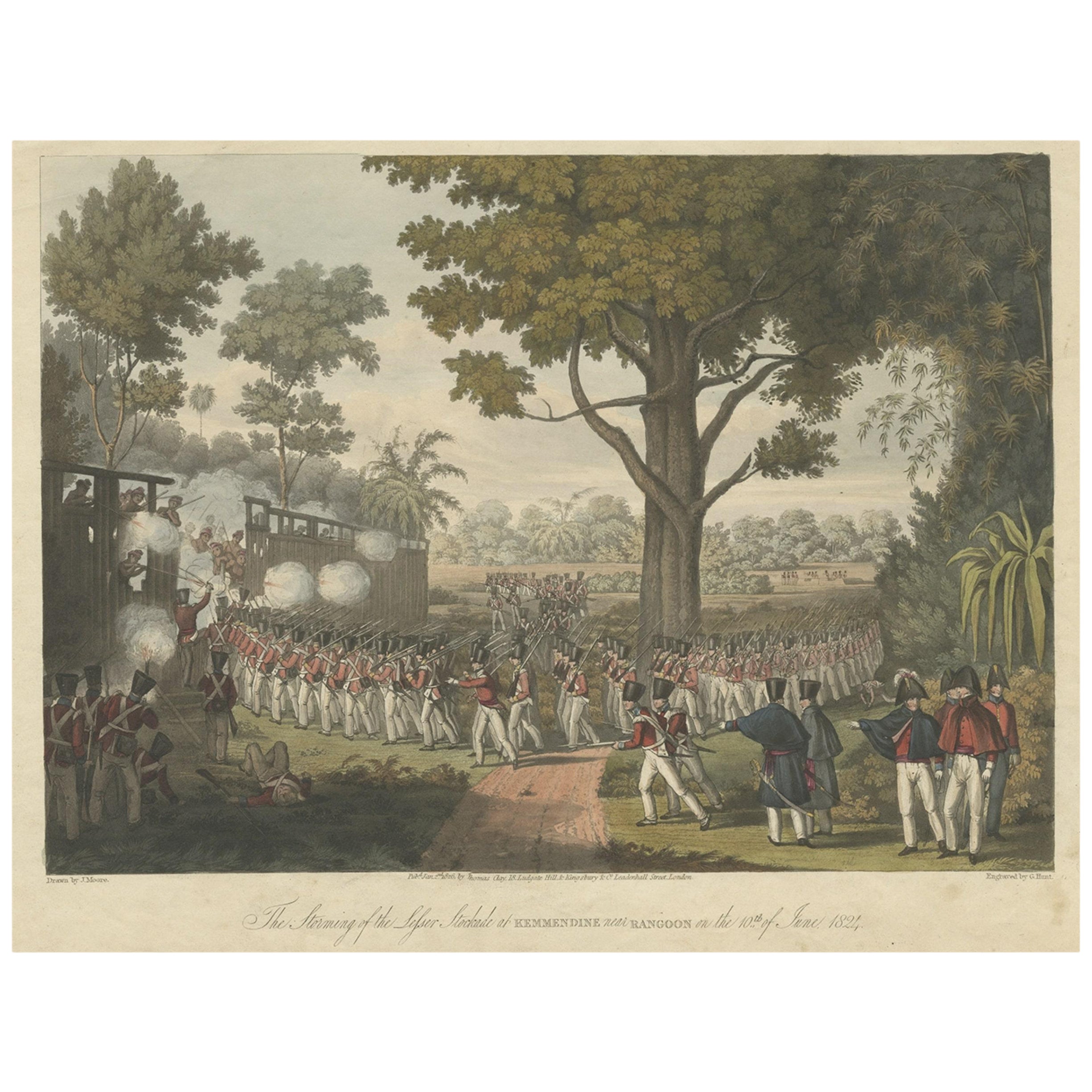 Antique Hand-Colored Print Depicting The Storming of Kemmendine, Rangoon, 1825