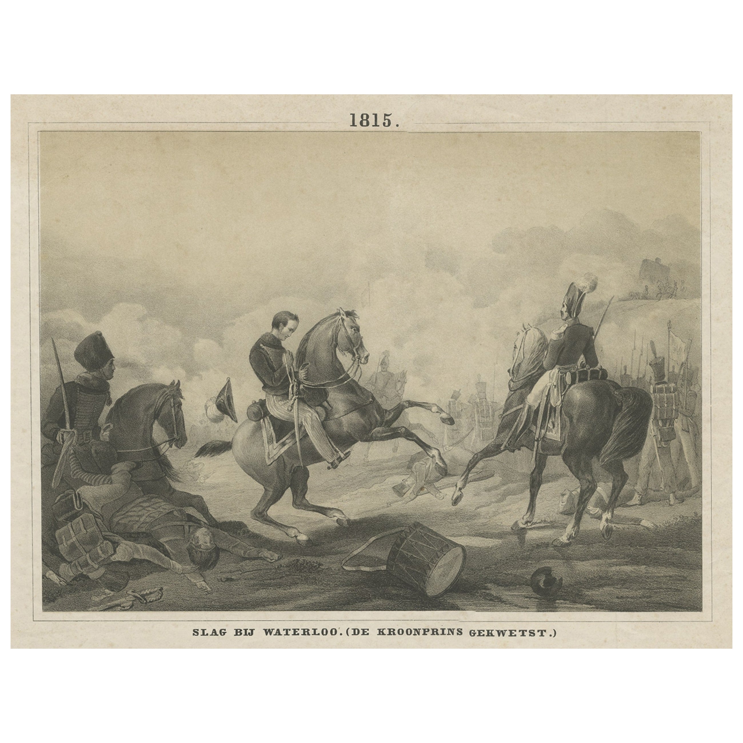 Antiker Druck des niederländischen Prinzen Willem von Oranien in der Schlacht von Waterloo, um 1855