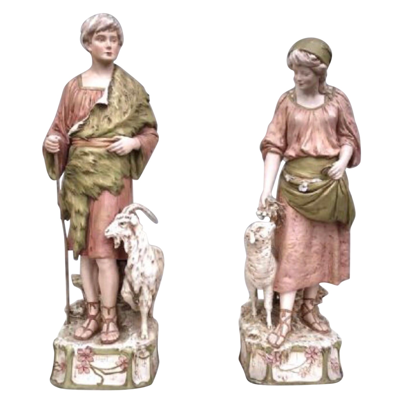 Large Pair of Antique Royal Dux Figures, Shepherd and Shepherdess