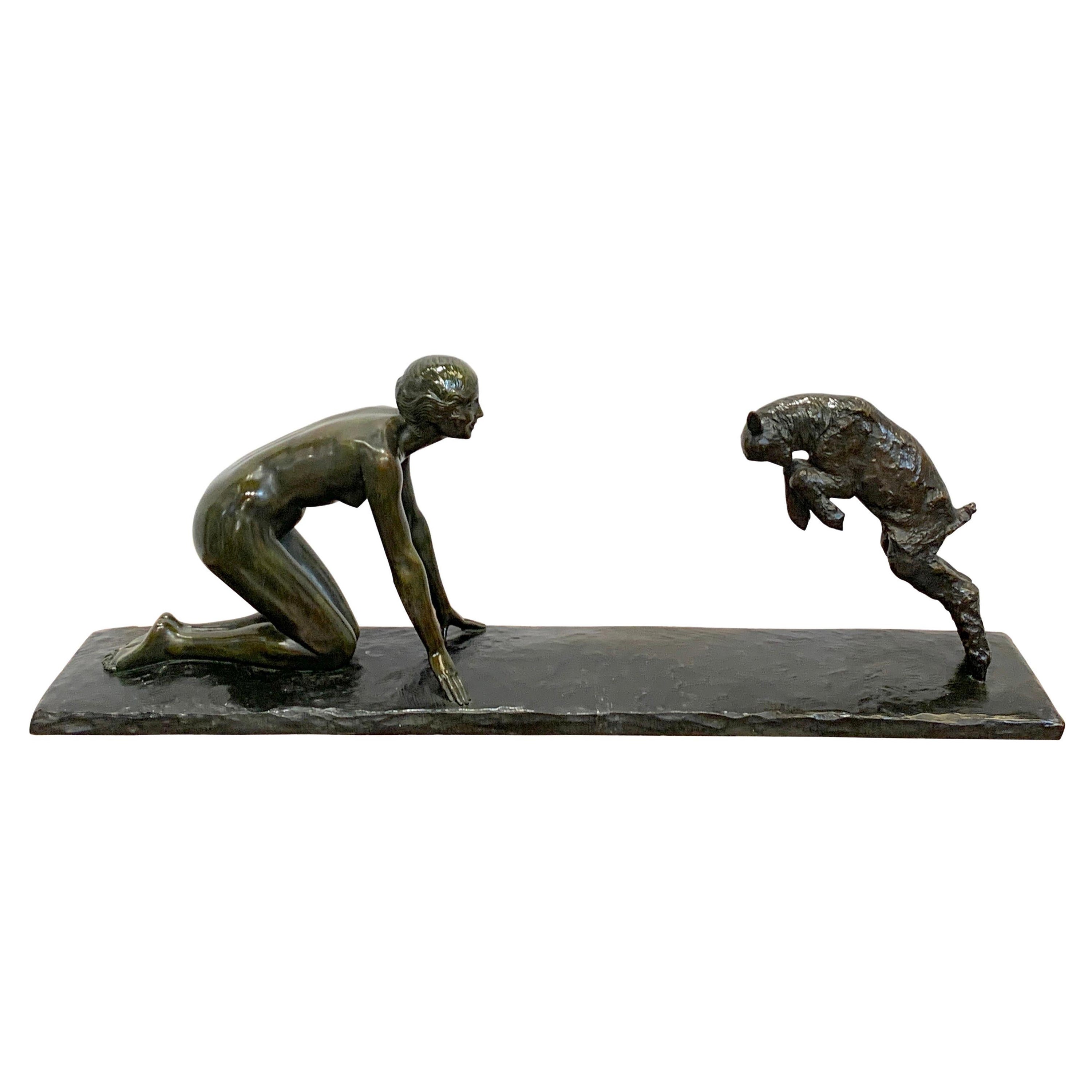 'Girl and Jumping Goat' by Paul Silvestre, Susse Freres Foundry, France, C 1925 For Sale