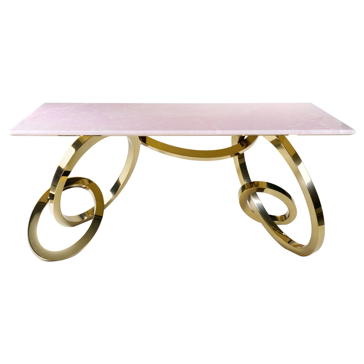 Table de bureau d'écriture ou meuble de rangement moderne en acier avec miroir en onyx rose de collection