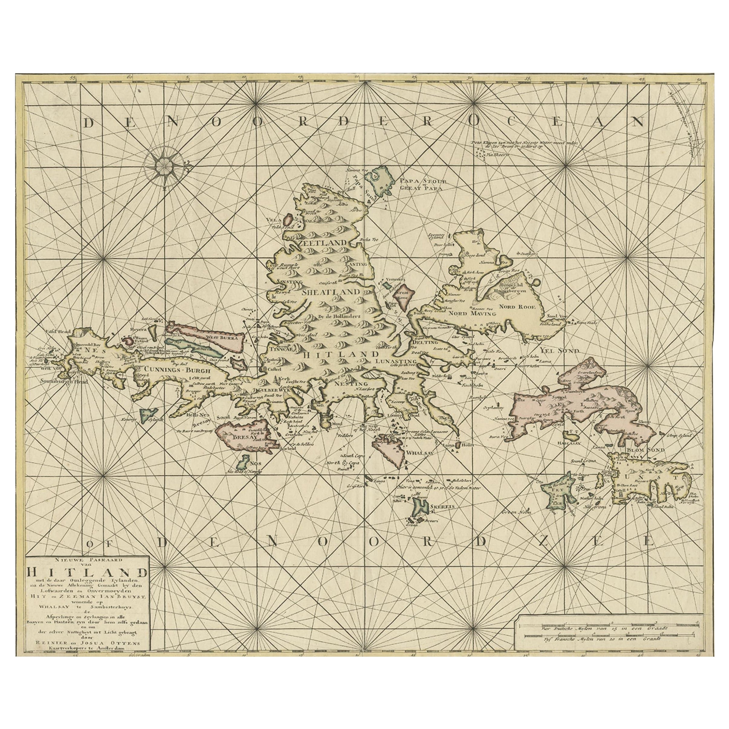 Carte marine ancienne des îles Shetland, Écosse, vers 1745