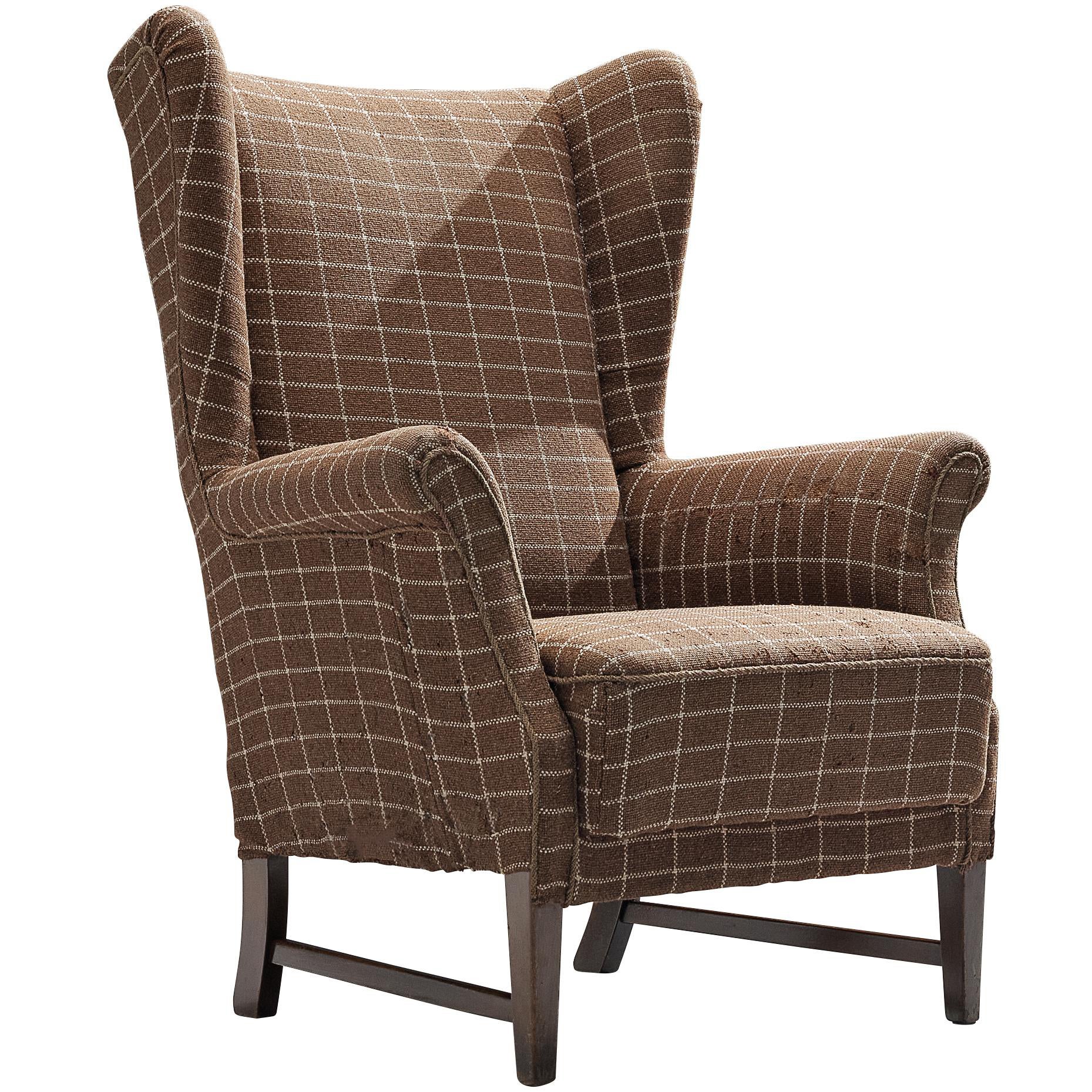 Danish Wingback Chair in Brown Checkered Upholstery
