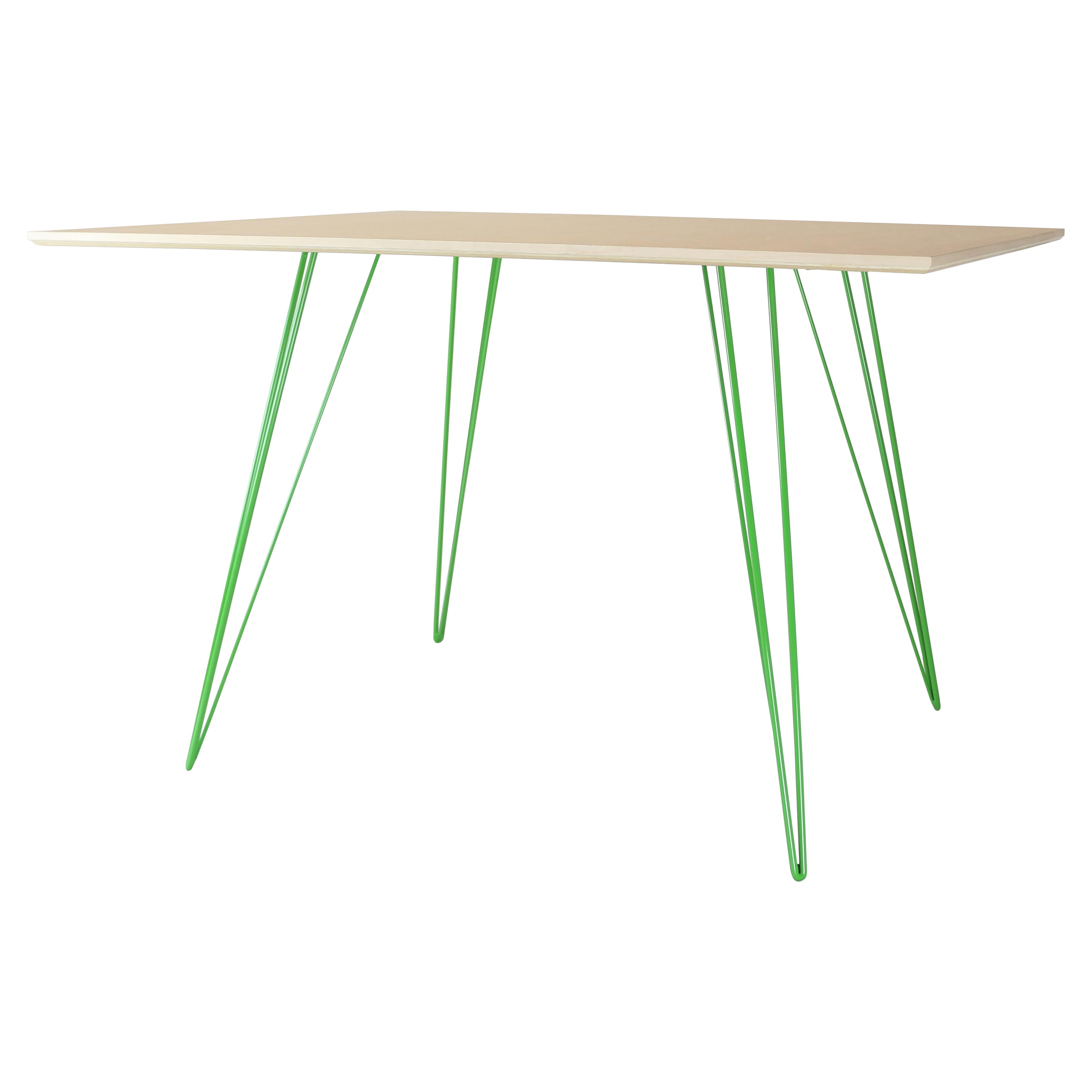 Table de salle à manger en érable Williams avec pieds en épingle à cheveux verte et plateau rectangulaire