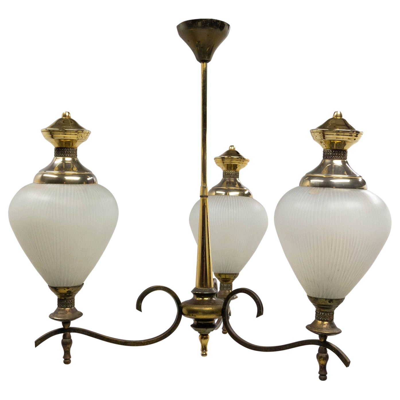 French Chandelier Ceiling Pendant Lustre Three Lamps Glass and Brass, c. 1960 For Sale