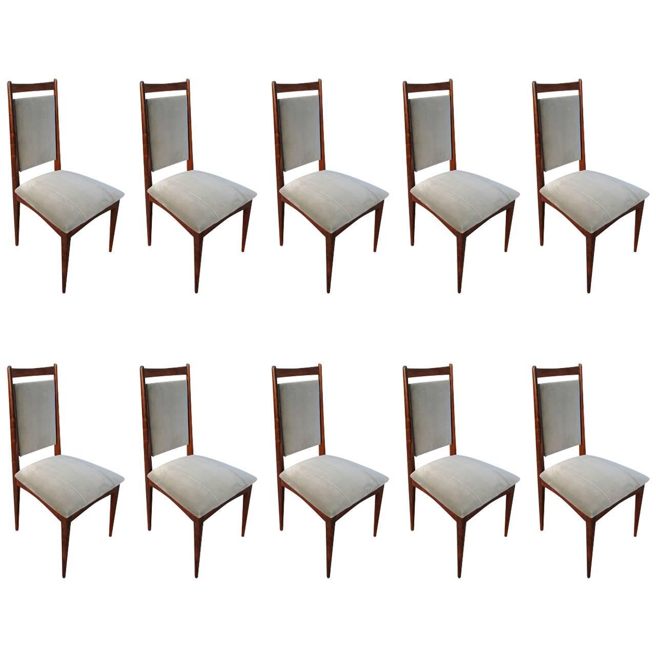 Set of Ten 1960s Brazilian Jacaranda Dining Chairs in Grey Velvet