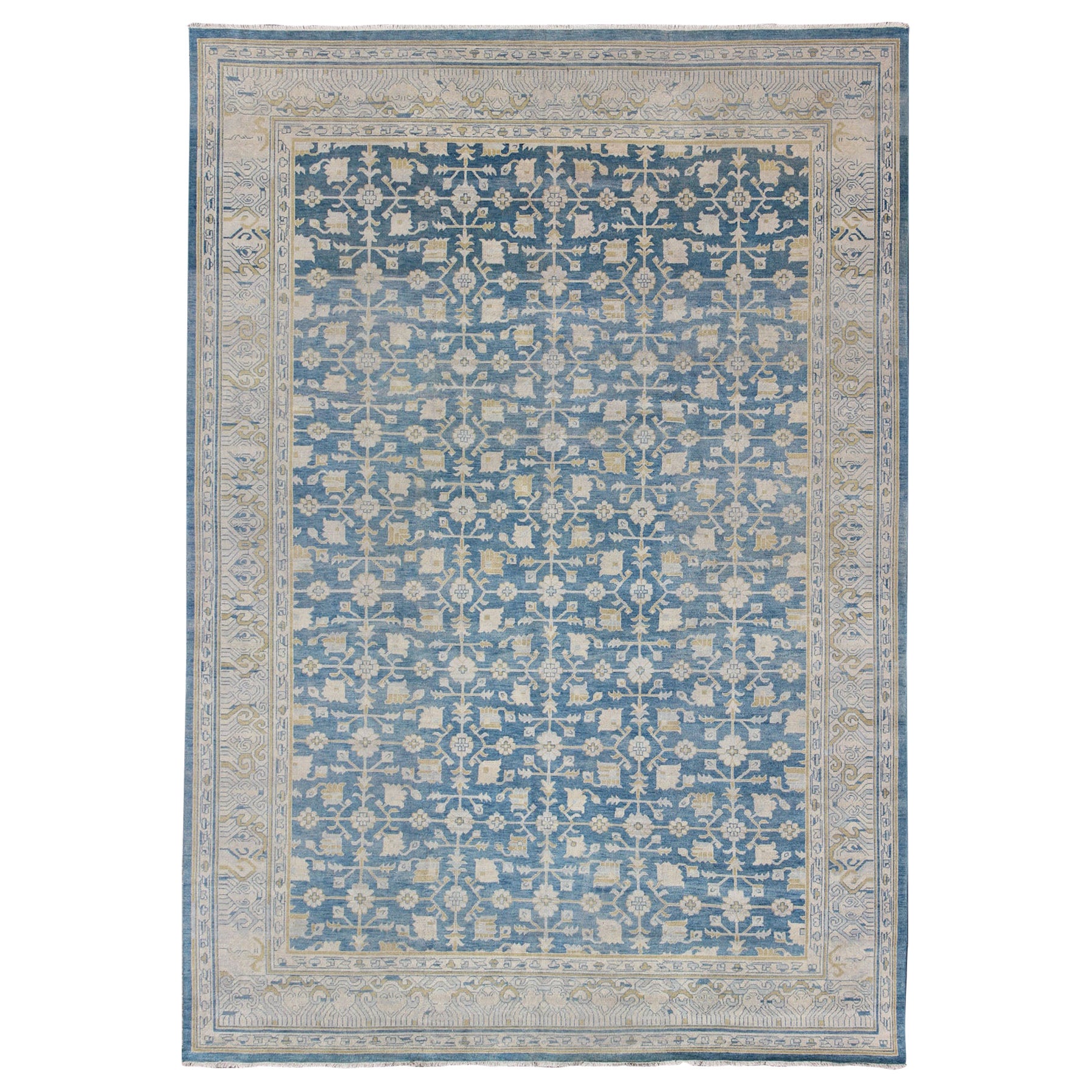 Khotan Design Rug with All-Over Sub-Geometric Pattern in Blue, Tan & Gold For Sale