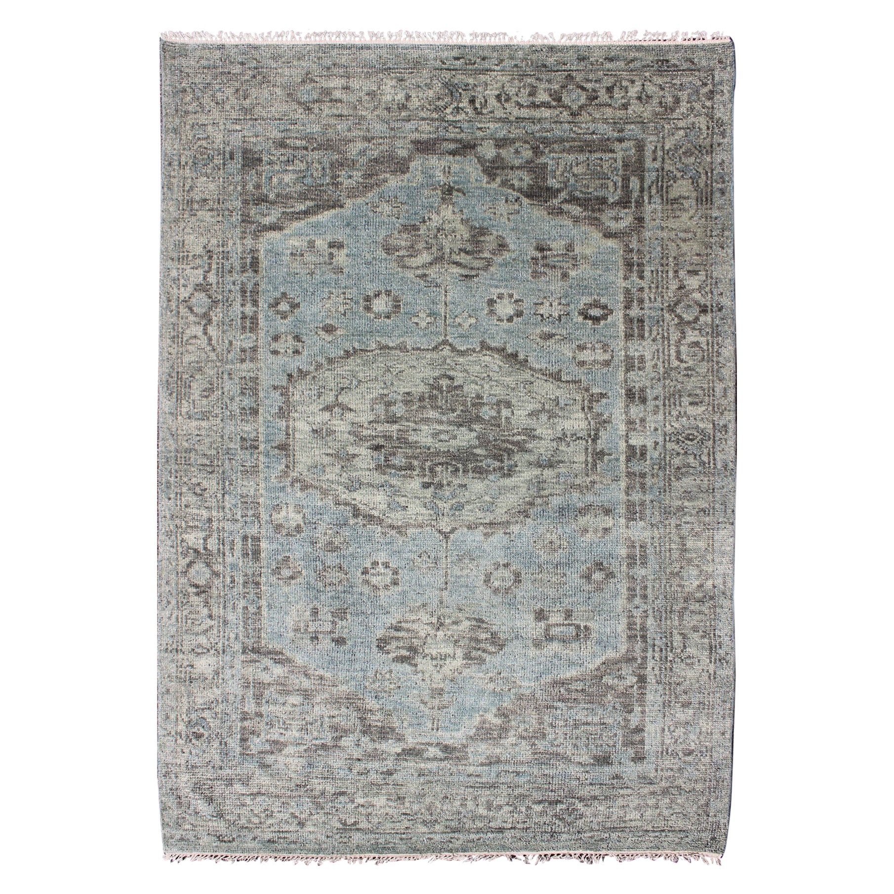 Modern Oushak Distressed Rug in Light Blue, Light Green & Brown