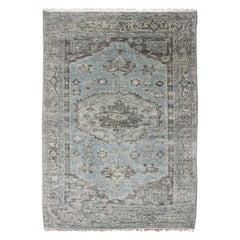 Modern Oushak Distressed Rug in Light Blue, Light Green & Brown