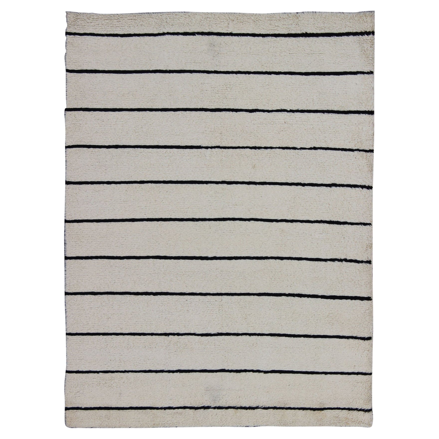 Minimalist Design Modern Moroccan Rug in White & Black Striped Design  