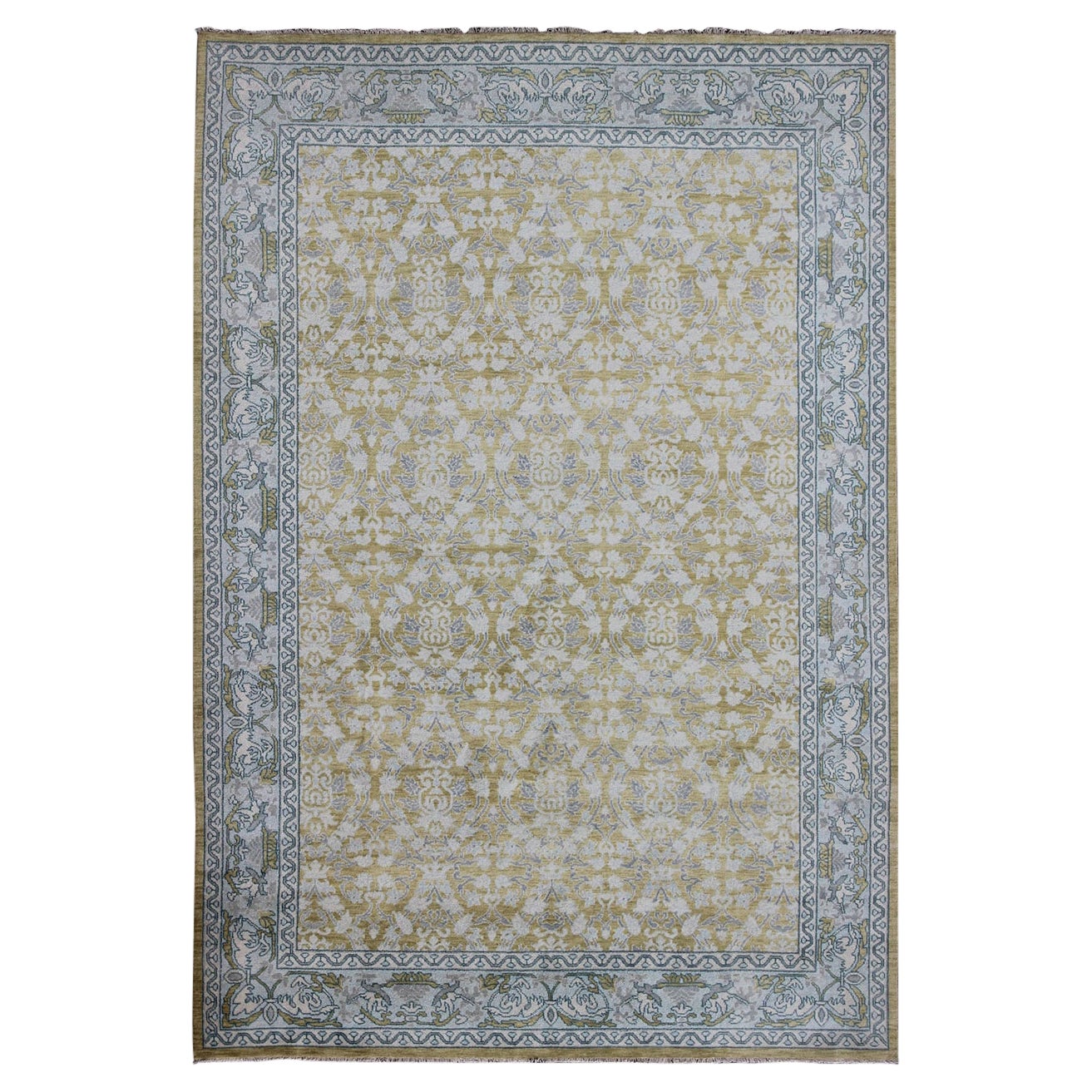 Spanish Design Rug with All-Over Floral Pattern in Acid Yellow Green Grey & Blue For Sale