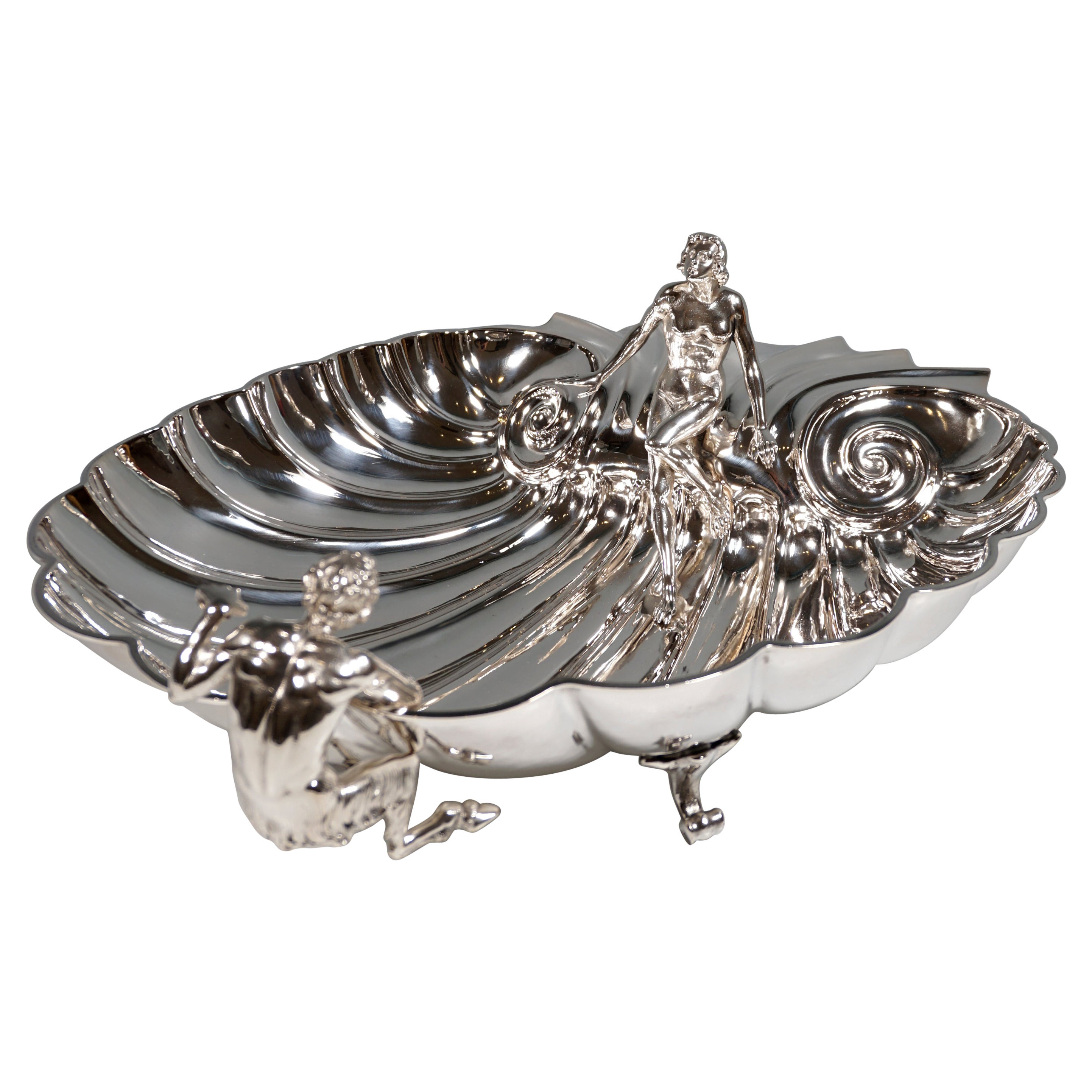 Large Silver Centerpiece Bowl, Seashell With Nymph & Faun, Italy, Mid 20th