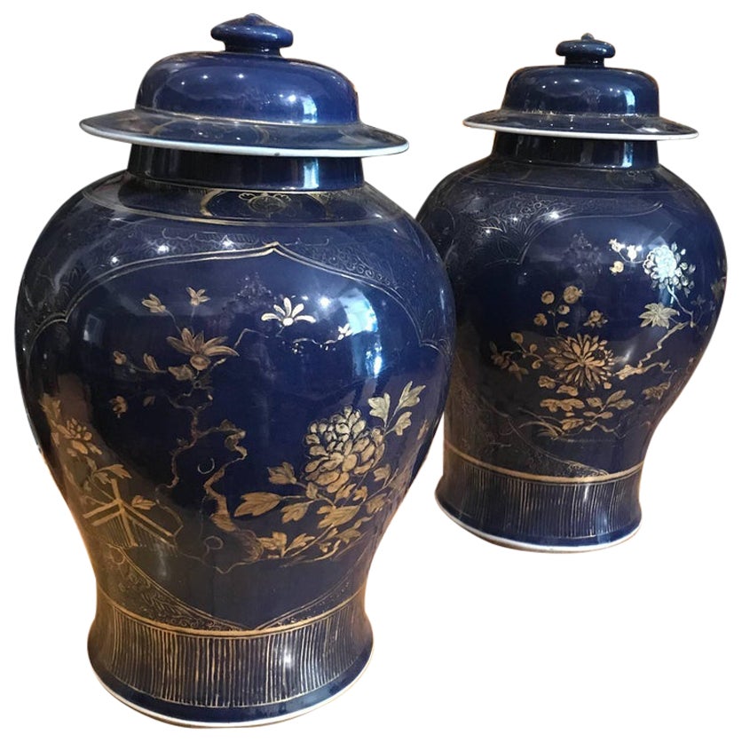 Pots chinois décorés en bleu poudre et doré, 18e siècle