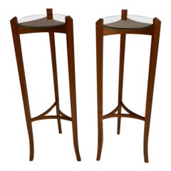 Pair Mid Century Maple Tripod Stands With Round Glass Tops