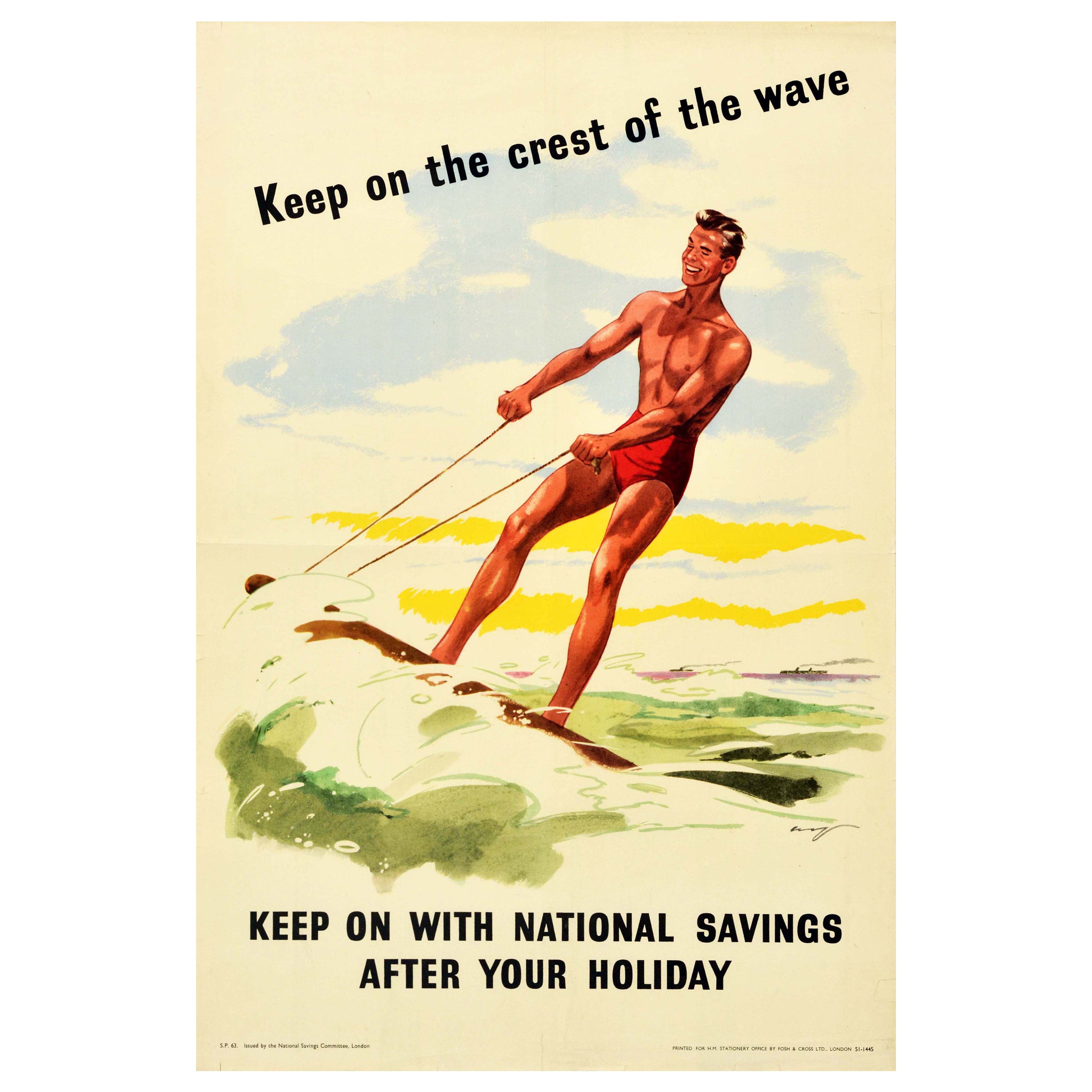 Affiche vintage d'origine National Savings Keep On The Crest Of The Wave Surfing