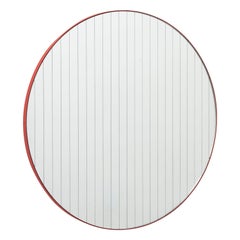 Orbis Linus Circular Modern Mirror with Etched Strips and Red Frame, Regular