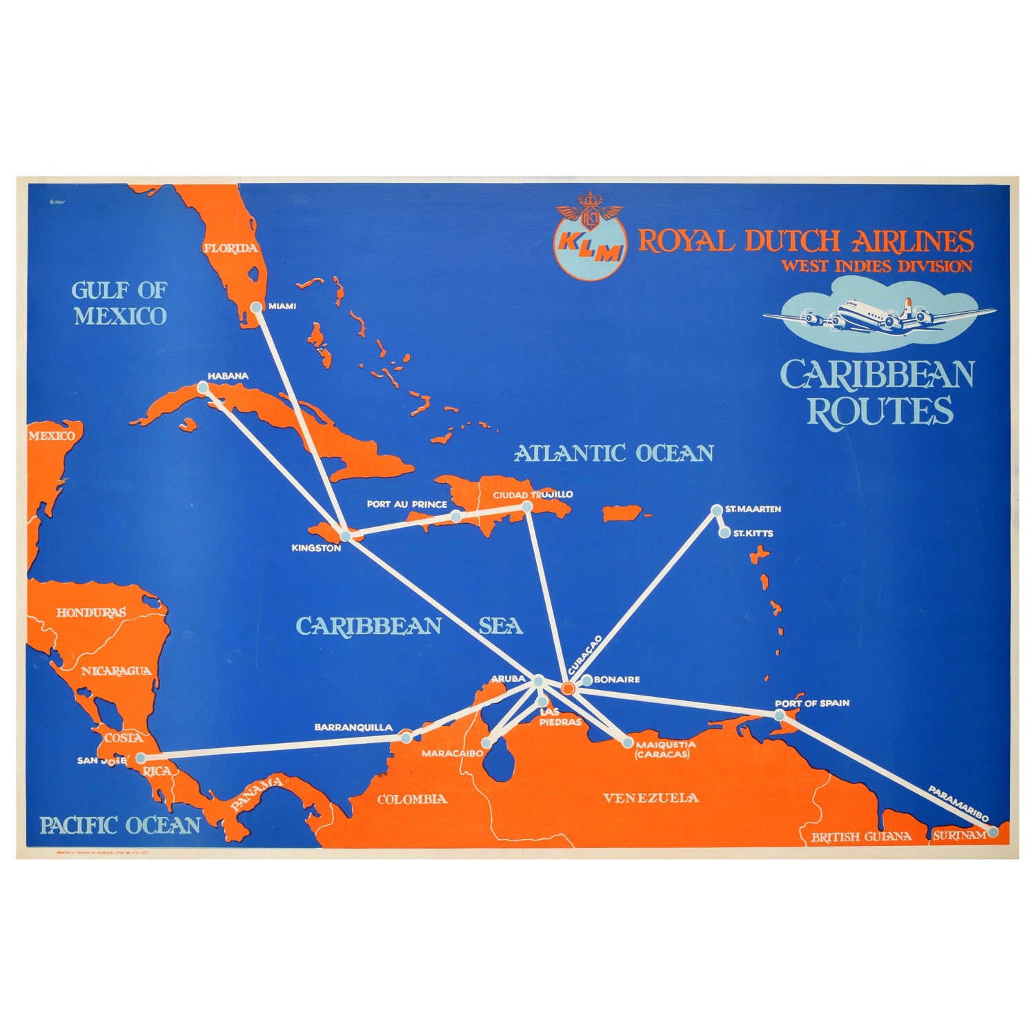 Original Vintage Poster KLM Air Travel West Indies Caribbean Islands Route  Map For Sale at 1stDibs