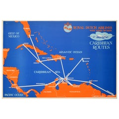 Original Vintage Poster KLM Air Travel West Indies Caribbean Islands Route Map