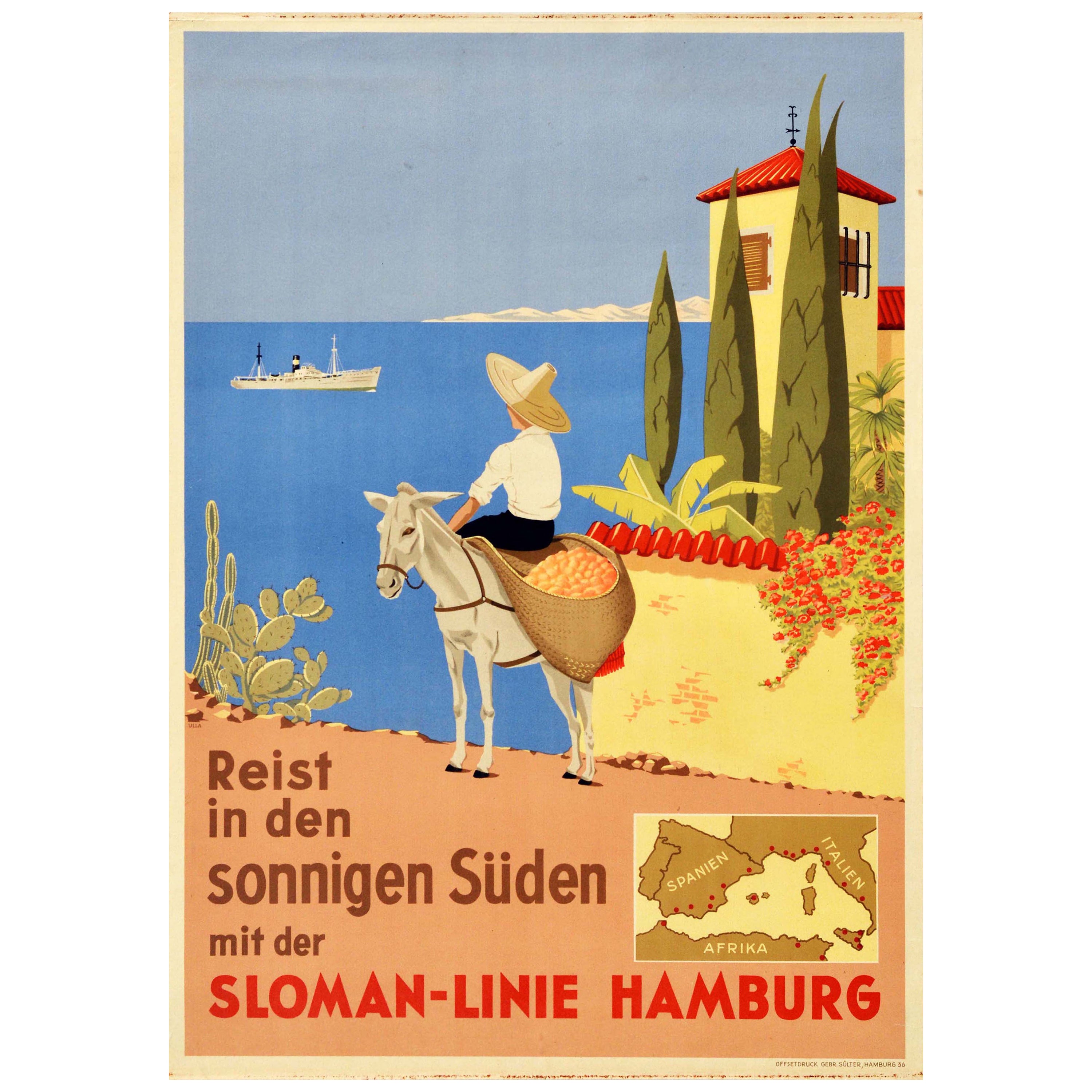 Original Vintage Poster Travel To The Sunny South Sloman Cruise Ship Route Map For Sale