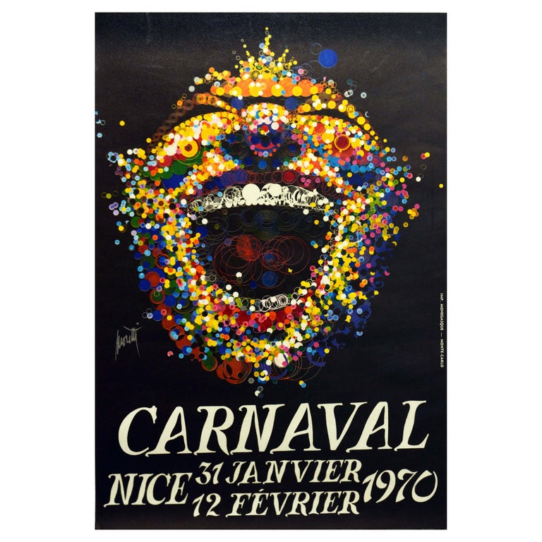 Original Vintage Poster Carnaval Nice France Carnival Fireworks Advertising Art For Sale