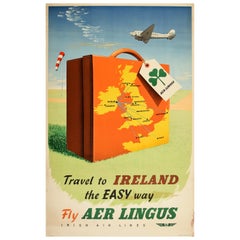 Original Retro Poster Travel To Ireland The Easy Way Fly Aer Lingus Route Map