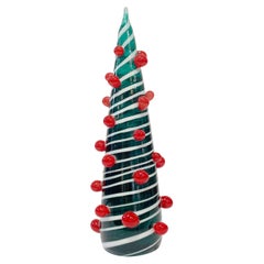 Contemporary Italian Green White Red Murano Glass Christmas Tree Cone Sculpture