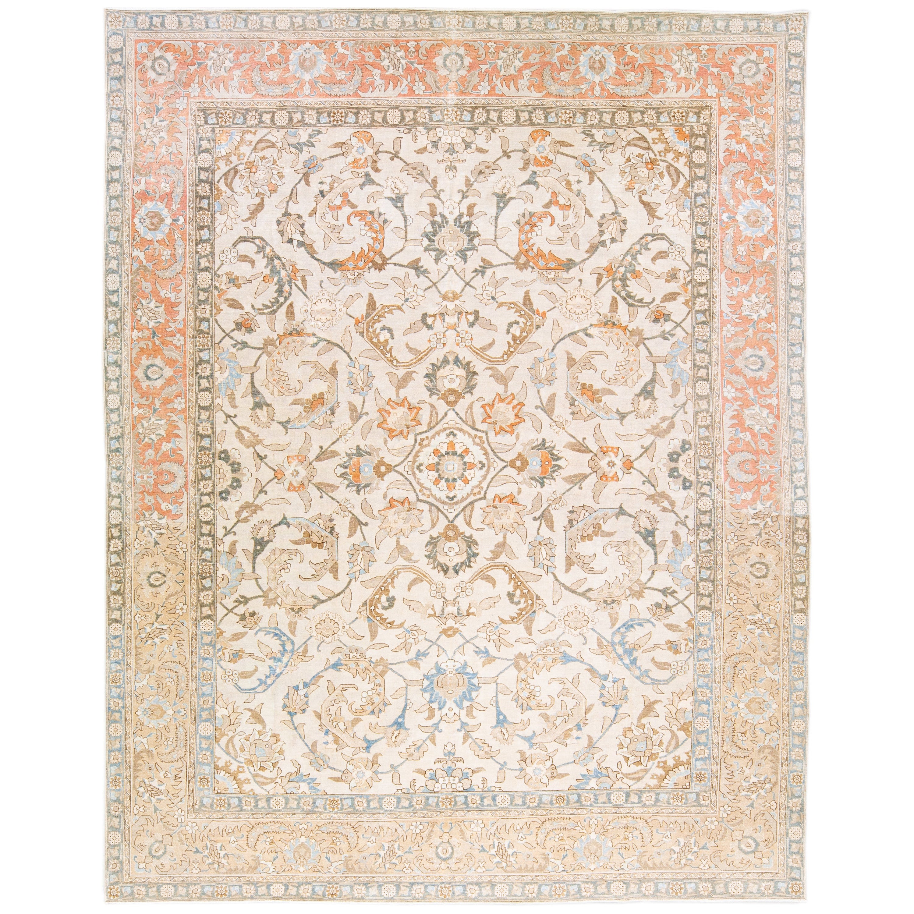 Beige Antique Persian Tabriz Handmade Medallion Floral Motif Wool Rug