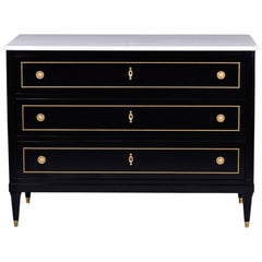 Louis XVI Style Three Drawer Commode with Black Finish and White Marble Top