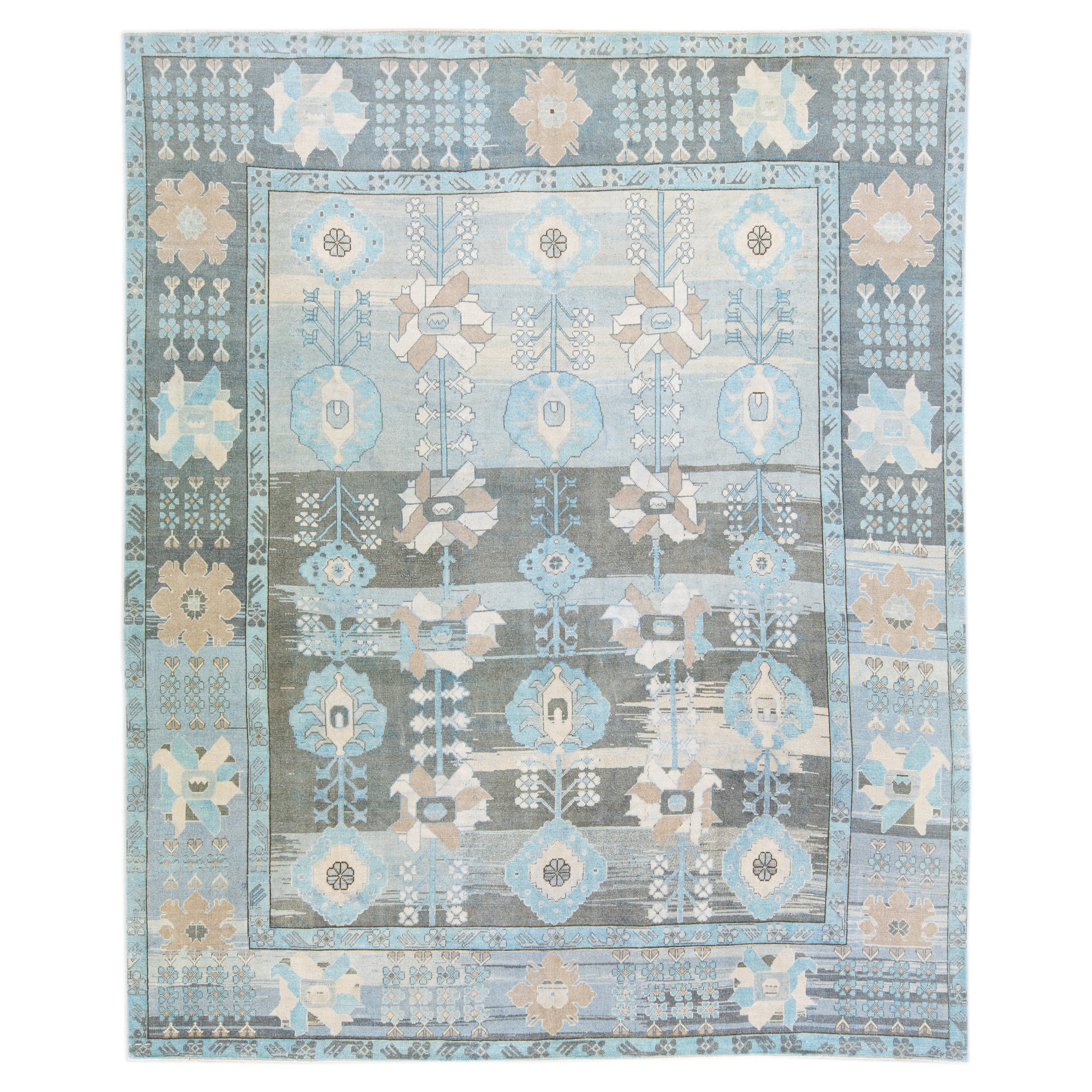 Blue and Gray Vintage Turkish Oushak Handmade Floral Pattern Wool Rug