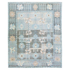 Blue and Gray Vintage Turkish Oushak Handmade Floral Pattern Wool Rug