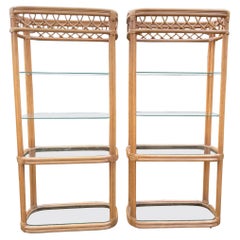 Vintage Pair of Stunning Wrapped Bamboo and Glass Bookshelves Etageres