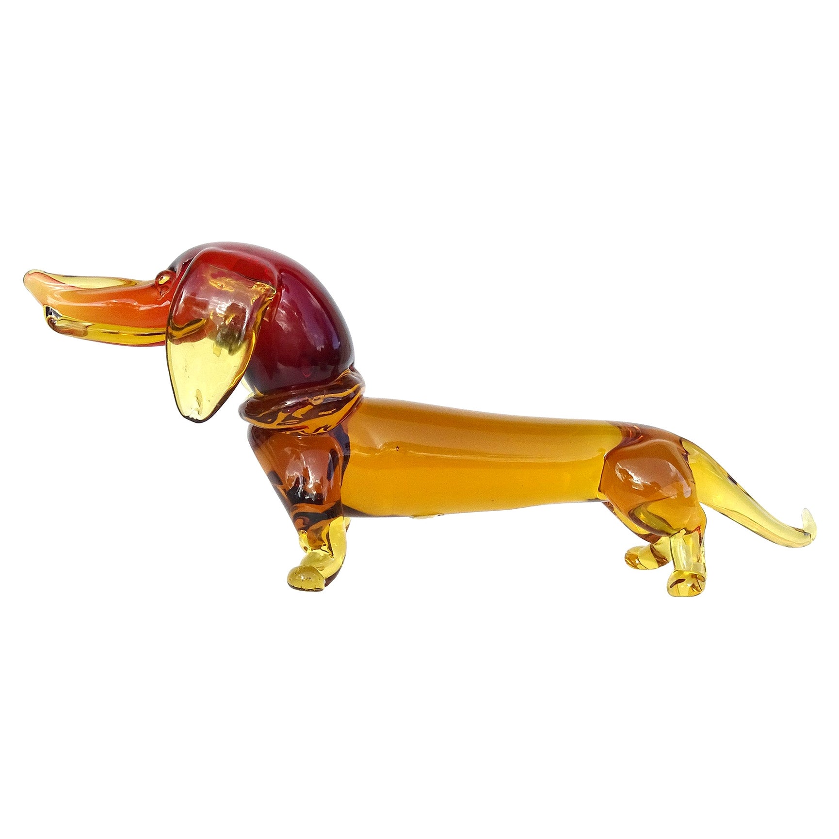 Seguso Murano Sommerso Orange Italian Art Glass Dachshund Puppy Dog Sculpture