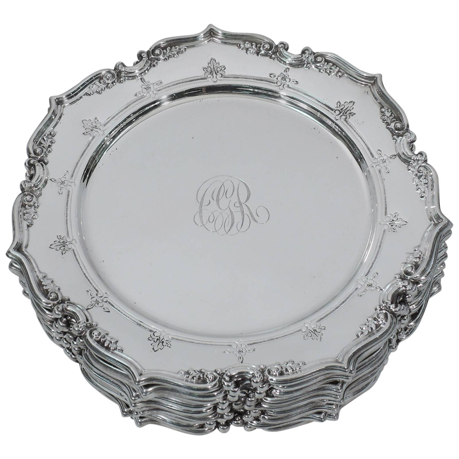 Set of 12 Gorham Sterling Silver Bread and Butter Plates with Fancy Scrolls