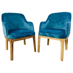 Vintage Mid-Century Modern Style Blue Velvet & Walnut Frame Barrel Chair, a Pair